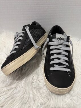 P448 Black Sneakers with Sparkly Side Panels and Gray Laces NWOT